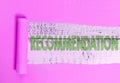 Text sign showing Recommendation. Conceptual photo something that recommends or expresses commendation Rolled ripped Royalty Free Stock Photo