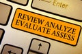 Text sign showing Review Analyze Evaluate Assess. Conceptual photo Evaluation of performance feedback process Keyboard orange key