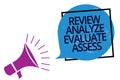 Text sign showing Review Analyze Evaluate Assess. Conceptual photo Evaluation of performance feedback process Megaphone loudspeake