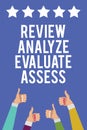 Text sign showing Review Analyze Evaluate Assess. Conceptual photo Evaluation of performance feedback process Men women hands thum