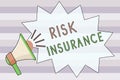 Text sign showing Risk Insurance. Conceptual photo The possibility of Loss Damage against the liability coverage