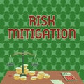 Text sign showing Risk Mitigation. Conceptual photo strategy to prepare for and lessen the effects of threats Balance Royalty Free Stock Photo