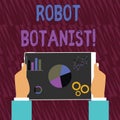 Text sign showing Robot Botanist. Conceptual photo Methods for automated botanical species identification Hands Holding