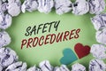 Text sign showing Safety Procedures. Conceptual photo Follow rules and regulations for workplace security written on plain green b Royalty Free Stock Photo