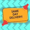 Text sign showing Same Day Delivery. Conceptual photo order will leave our warehouse Same date you ordered Two Megaphone Royalty Free Stock Photo