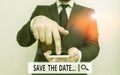 Text sign showing Save The Date. Conceptual photo reserve the mentioned future wedding date on their calendar Male human wear Royalty Free Stock Photo