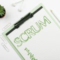 Text sign showing Scrum. Word for handwriting as distinct from print written characters of play