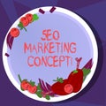 Text sign showing Seo Marketing Concept. Conceptual photo Strategy that implement to satisfy customers need Hand Drawn