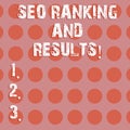 Text sign showing Seo Ranking And Results. Conceptual photo Search Engine Optimization statistics analytics Circle photo