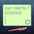 Text sign showing Smart Marketing Automation. Conceptual photo Automate online marketing campaigns and sales Blank