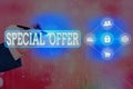 Text sign showing Special Offer. Conceptual photo Discounted price Markdown Promotional Items Crazy Sale