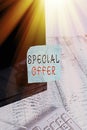 Text sign showing Special Offer. Conceptual photo Discounted price Markdown Promotional Items Crazy Sale Notation paper taped to