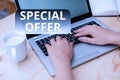 Text sign showing Special Offer. Conceptual photo Discounted price Markdown Promotional Items Crazy Sale woman laptop Royalty Free Stock Photo