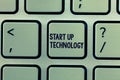 Text sign showing Start Up Technology. Conceptual photo Young Technical Company initially Funded or Financed