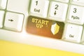 Text sign showing Start Up Technology. Conceptual photo Young Technical Company initially Funded or Financed White pc