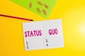 Text sign showing Status Quo. Conceptual photo existing state of affairs regarding social or political issues Blank paper sheet Royalty Free Stock Photo