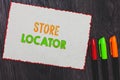 Text sign showing Store Locator. Conceptual photo to know the address contact number and operating hours White paper red borders c