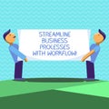 Text sign showing Streamline Business Processes With Workflow. Conceptual photo Computer social media process Two Men