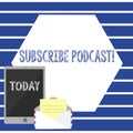 Text sign showing Subscribe Podcast. Conceptual photo Make a subscription to online broadcast Open Envelope with Paper