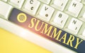 Text sign showing Summary. Conceptual photo a brief statement or account of the main points of something White pc Royalty Free Stock Photo