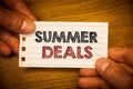 Text sign showing Summer Deals. Conceptual photos Special Sales Offers for Vacation Holiday Trips Price Discounts