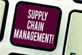 Text sign showing Supply Chain Management. Conceptual photo analysisagement of the flow of goods and services Keyboard