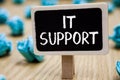 Text sign showing It Support. Conceptual photo Lending help about information technologies and relative issues Blackboard crumpled Royalty Free Stock Photo