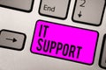 Text sign showing It Support. Conceptual photo Lending help about information technologies and relative issues Keyboard purple key