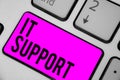 Text sign showing It Support. Conceptual photo Lending help about information technologies and relative issues Keyboard purple key