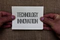 Text sign showing Technology Innovation. Conceptual photo advanced net connected devices a Creative Technique Man holding piece no