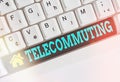 Text sign showing Telecommuting. Conceptual photo work at home using an electronic linkup with central office Different