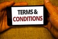 Text sign showing Terms and Conditions. Conceptual photo Legal Law Agreement Disclaimer Restrictions Settlement Jute sack backgro Royalty Free Stock Photo