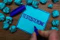 Text sign showing Testosterone. Conceptual photo Male hormones development and stimulation sports substance Cyan paper object thou