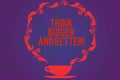 Text sign showing Think Bigger And Better. Conceptual photo Have more great successful ideas Development Cup and Saucer