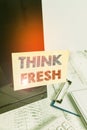 Text sign showing Think Fresh. Conceptual photo Thinking on natural ingredients Positive good environment Note paper taped to