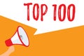 Text sign showing Top 100. Conceptual photo List of best products services Popular Bestseller Premium high rate Megaphone