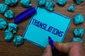 Text sign showing Translations. Conceptual photo Written or printed process of translating words text voice Cyan paper object thou