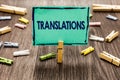 Text sign showing Translations. Conceptual photo Written or printed process of translating words text voice Random clips art work