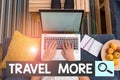 Text sign showing Travel More. Conceptual photo To make a journey often especially on long distance trip woman laptop Royalty Free Stock Photo