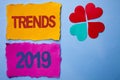 Text sign showing Trends 2019. Conceptual photo Current Movement Latest Branding New Concept Prediction written on Tear Papers on