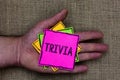 Text sign showing Trivia. Conceptual photo Pieces of insignificant info of something someone someplace Holding small pitches art p