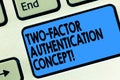 Text sign showing Two Factor Authentication Concept. Conceptual photo two ways of proving your identity Keyboard key