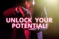 Text sign showing Unlock Your Potential. Conceptual photo Mentor, coach and another leading person to open hidden talent
