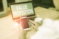 Text sign showing Value Proposition. Conceptual photo feature intended to make a company or product attractive woman Royalty Free Stock Photo