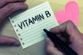 Text sign showing Vitamin B. Conceptual photo Highly important sources and benefits of nutriments folate Wood nice love colour har