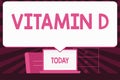 Text sign showing Vitamin D. Conceptual photo Benefits of sunbeam exposure and certain fat soluble nutriments Blank Huge