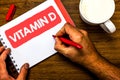 Text sign showing Vitamin D. Conceptual photo Benefits of sunbeam exposure and certain fat soluble nutriments Cup marker red pen n