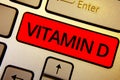 Text sign showing Vitamin D. Conceptual photo Benefits of sunbeam exposure and certain fat soluble nutriments Keyboard brown keys