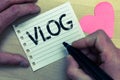 Text sign showing Vlog. Conceptual photo Entertaining multimedia self broadcasting news reporting stories Wood nice love colour ha