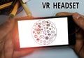 Text sign showing Vr Headset. Conceptual photo headmounted device that provides virtual reality for the wearer.